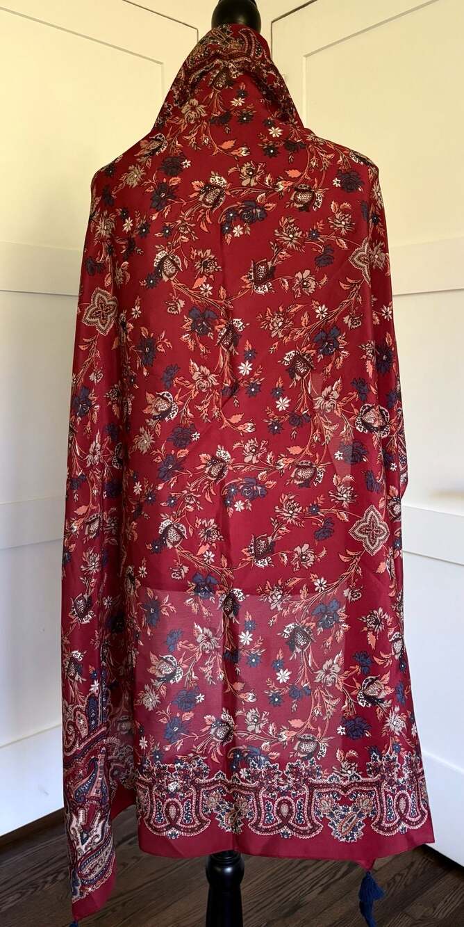 Lucky Brand 100% Silk Red Floral Paisley Tassel Wrap Scarf EUC